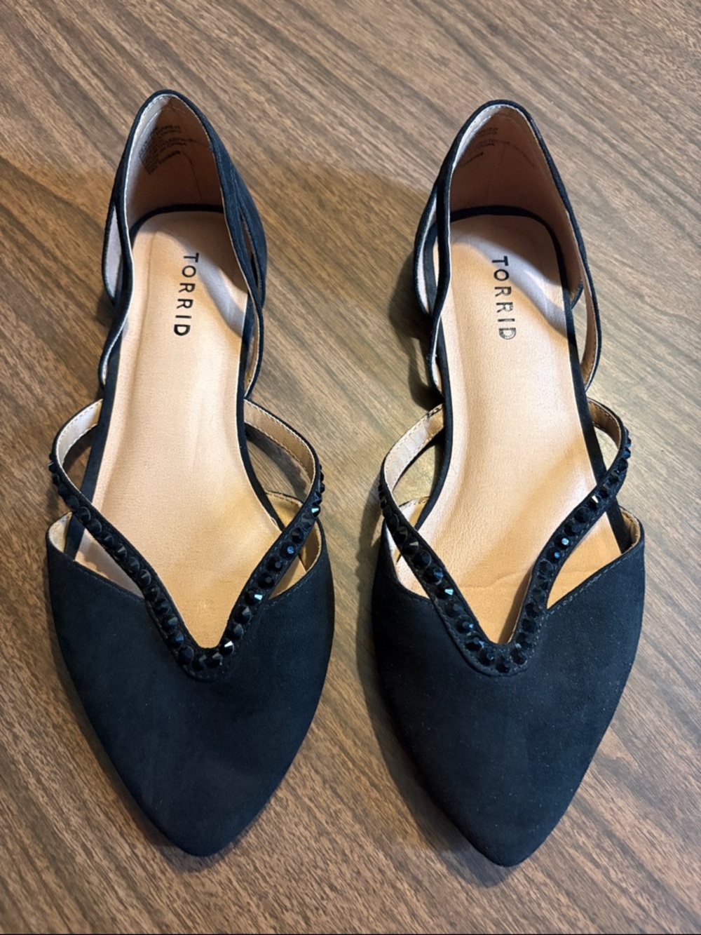 Torrid Size 9 WW Black Pointed Toe D'Orsay Flats with Black Crystal Trim